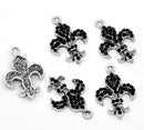 4  Fleur-De-Lis Charm Pendants, Silver Tone Metal with Black Rhinestone Crystals,  24x16mm, chs0249