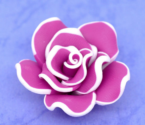 2 Medium HOT PINK Polymer Clay Rose Flower Beads pol0033