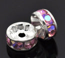8mm CANDY PINK AB Coated Rhinestone Crystal Silver PlatedSpacer Rondelle Beads . 10 pieces . Smooth Edge bme0201