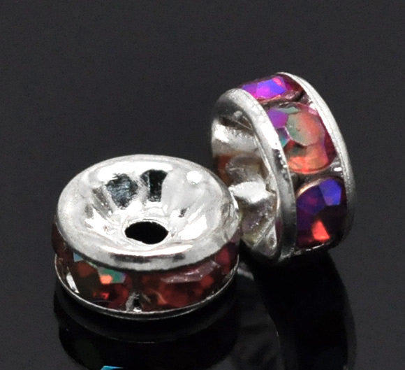 8mm SIAM RED AB Coated Rhinestone Crystal Silver PlatedSpacer Rondelle Beads . 10 pieces . Smooth Edge . bme0226