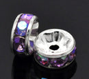 8mm GRAPE PURPLE AB Coated Rhinestone Crystal Silver Plated Spacer Rondelle Beads 10 pieces . Smooth Edge . bme0191a