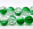 8mm Crackle Glass EMERALD GREEN and CLEAR Round Glass Beads, 24 beads,  bgl0883
