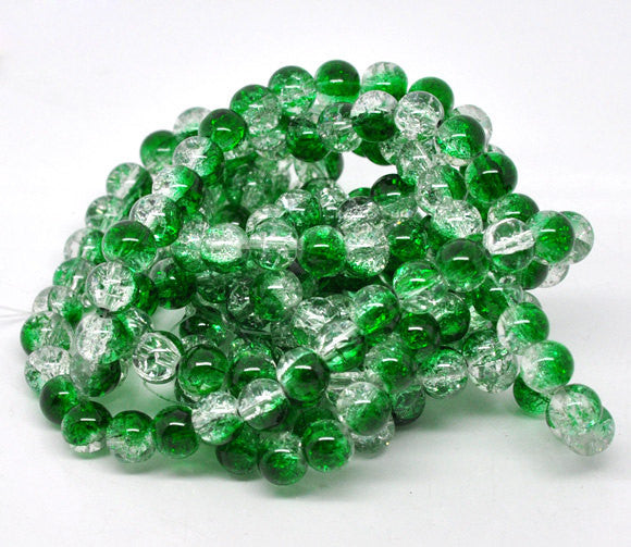 8mm Crackle Glass EMERALD GREEN and CLEAR Round Glass Beads, 24 beads,  bgl0883