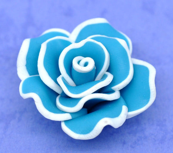 2 Medium TURQUOISE BLUE Teal Polymer Clay Rose Flower Beads pol0015