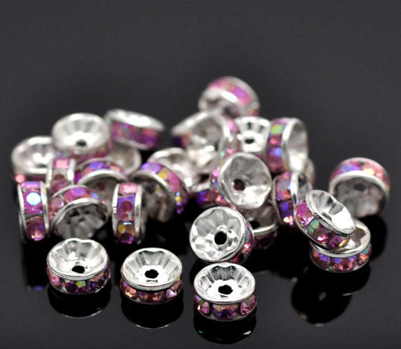 8mm CANDY PINK AB Coated Rhinestone Crystal Silver PlatedSpacer Rondelle Beads . 10 pieces . Smooth Edge bme0201