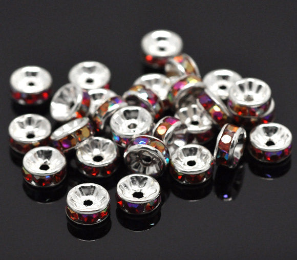 8mm SIAM RED AB Coated Rhinestone Crystal Silver PlatedSpacer Rondelle Beads . 10 pieces . Smooth Edge . bme0226