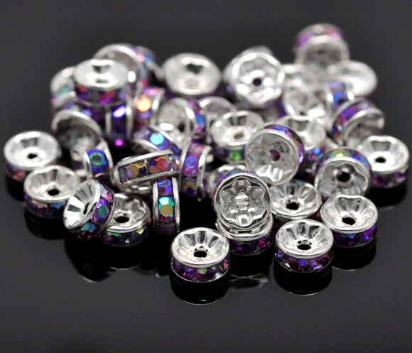 8mm GRAPE PURPLE AB Coated Rhinestone Crystal Silver Plated Spacer Rondelle Beads 10 pieces . Smooth Edge . bme0191a