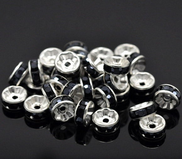 Silver Plated Jet Black Color Rhinestone Rondelle Spacers Beads 8mm . 10 pieces . Smooth Edge . bme0189