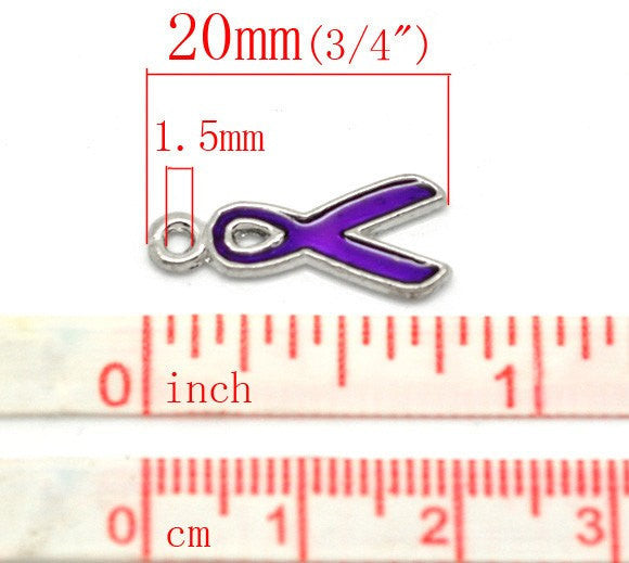 4 Silver and PURPLE Enamel Awareness Ribbon Charms or Pendants  CHE0142