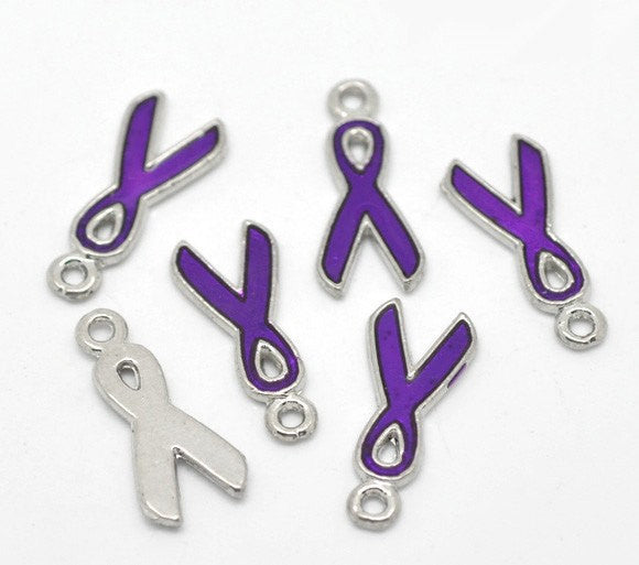 4 Silver and PURPLE Enamel Awareness Ribbon Charms or Pendants  CHE0142