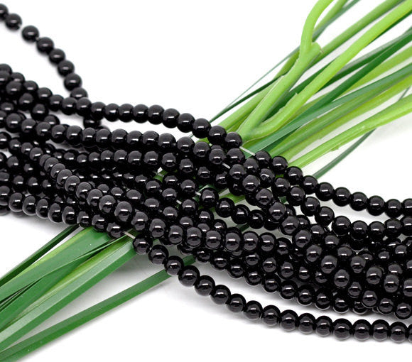 6mm JET BLACK Round Glass Pearls . long 32" strand . about 145 beads  bgl0736