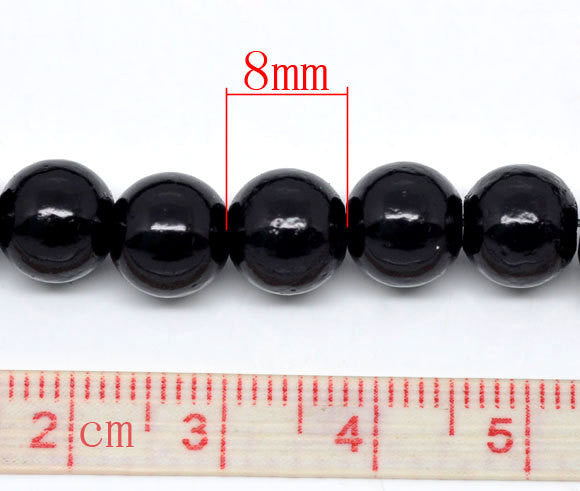 8mm JET BLACK Round Glass Pearls . 50 beads .  bgl0385