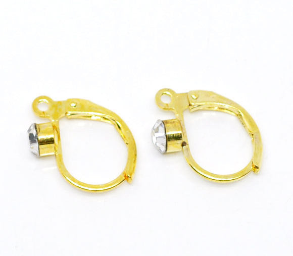 Earring clips, lever, copper, gold plated, with clear rhinestone, 16x12mm . 2 pair (4 earrings)  fin0280