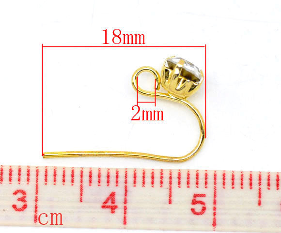 Gold Plated Rhinestone Prong Earwire Hooks with Loop 18x12mm . 2 pair (4 earrings) fin0002