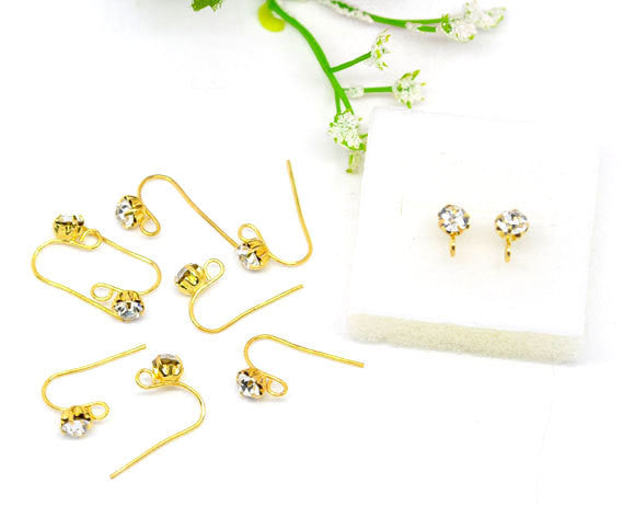 Gold Plated Rhinestone Prong Earwire Hooks with Loop 18x12mm . 2 pair (4 earrings) fin0002