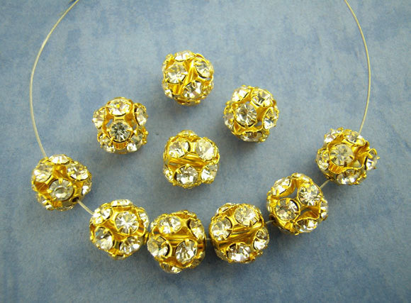 10 pc Gold Plated Crystal Rhinestone Disco Ball Spacer Beads  8mm Fireball  bme0066