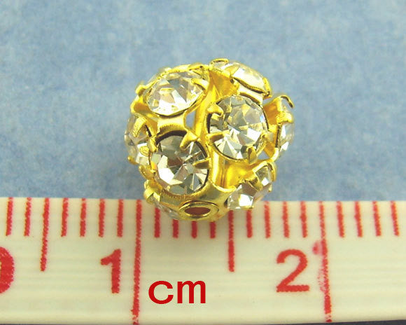 10 pc Gold Plated Crystal Rhinestone Disco Ball Spacer Beads  8mm Fireball  bme0066