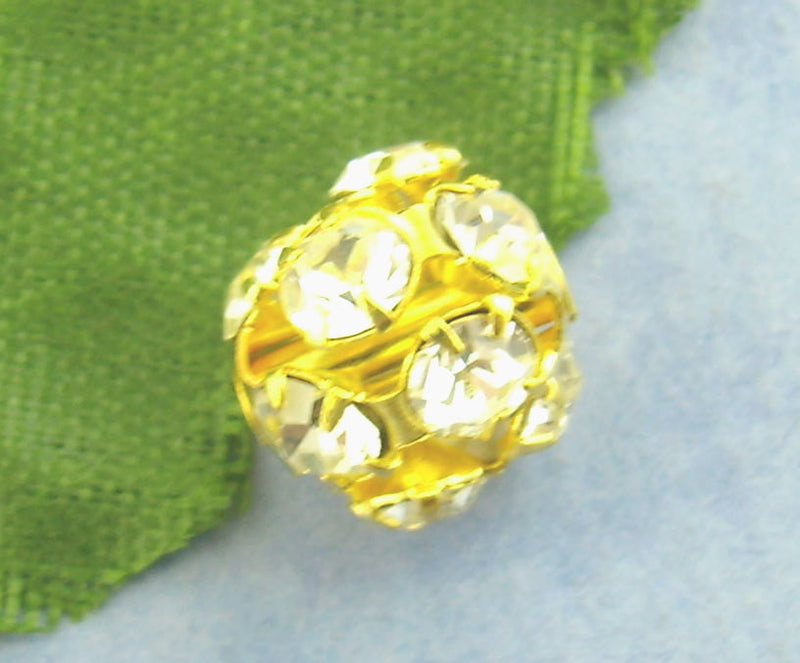 10 pc Gold Plated Crystal Rhinestone Disco Ball Spacer Beads  8mm Fireball  bme0066