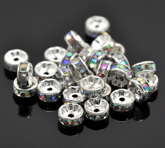 8mm CLEAR AB Coated Rhinestone Crystal Silver Plated Spacer Rondelle Beads . 10 pieces . bme0193