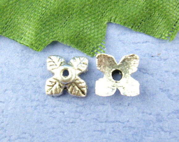 350 Antique Silver 4 Petal Leaves Bead End Caps 6mm . Pewter Tibetan Silver Style . fin0115B