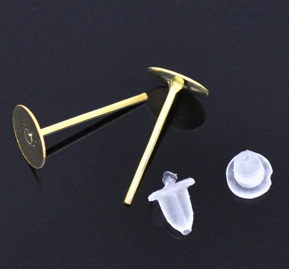 10 Pair Gold Plated Earring Post with Rubber Stoppers 8mm for pierced stud earrings  fin0298