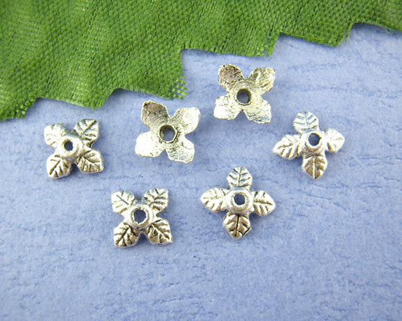 20 Antique Silver 4 Petal Leaves Bead End Caps 6mm . Pewter Tibetan Silver Style . fin0115a