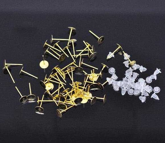 10 Pair Gold Plated Earring Post with Rubber Stoppers 8mm for pierced stud earrings  fin0298