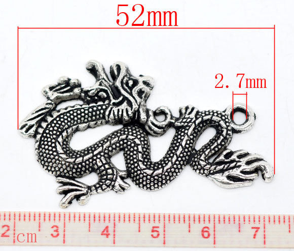 2 Large Silver Tone Chinese Dragon Charm Pendants 52x32mm. chs0821