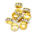 4 Gold Plated Rhinestone Rondelle Spacers Beads 10x4mm Large Hole, European Beads . bme0229