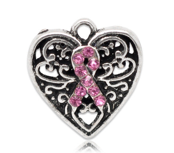 4 Silver Tone Pink Rhinestone Ribbon Breast Cancer Awareness Heart Charm Pendants 16x14mm  chs0709