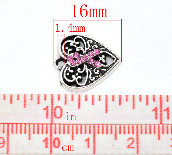 4 Silver Tone Pink Rhinestone Ribbon Breast Cancer Awareness Heart Charm Pendants 16x14mm  chs0709