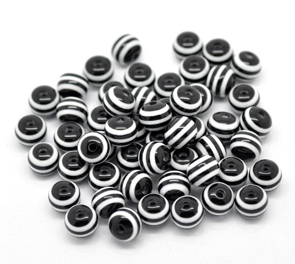 200 Round BLACK and WHITE STRIPE Striped Beads . acrylic . great for homecoming . 8mm   bac0097