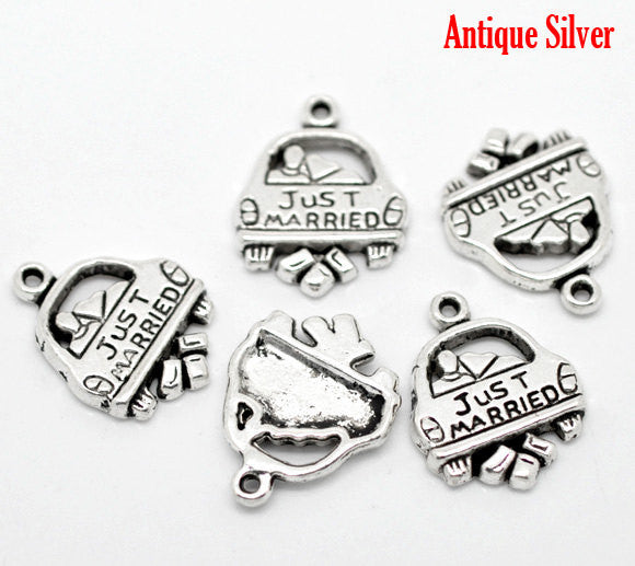 4 - Antique Silver JUST MARRIED Wedding Bridal Charm Pendants 20x16mm .  cake charms, party favors chs1674