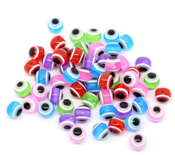 100 Mixed Multicolor Evil Eye Stripe Round Resin Spacer Beads 10mm bac0056
