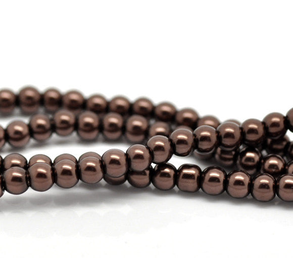 4mm CHOCOLATE BROWN Round Glass Pearls . long 32" strand . about 210 beads . Bgl0393