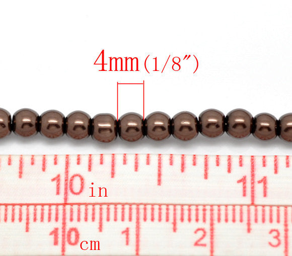 4mm CHOCOLATE BROWN Round Glass Pearls . long 32" strand . about 210 beads . Bgl0393