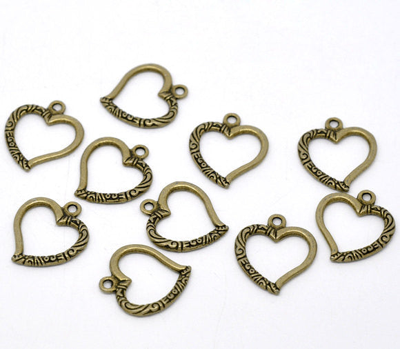 4 Antique Bronze Metal OPEN HEART Charm Pendants with carved, swirl texture design. Chb0052