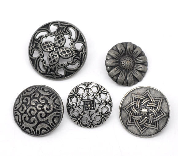 10 Mixed Silver Tone Carved Metal Buttons 17mm-23mm for sewing, scrapbooking, jewelry making but0165