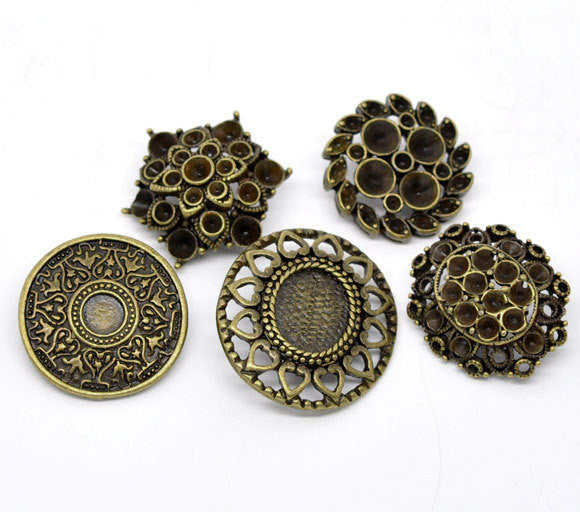 5 LARGE Mixed Bronze Tone Carved Metal Buttons 23mm-29x27mm for sewing, scrapbooking, jewelry making but0166