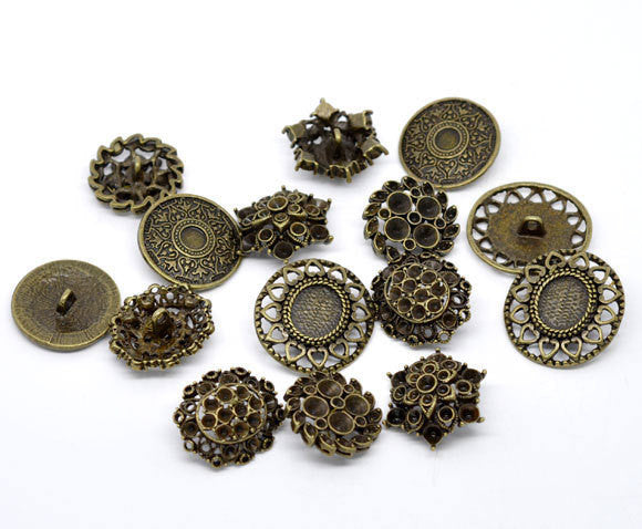 5 LARGE Mixed Bronze Tone Carved Metal Buttons 23mm-29x27mm for sewing, scrapbooking, jewelry making but0166
