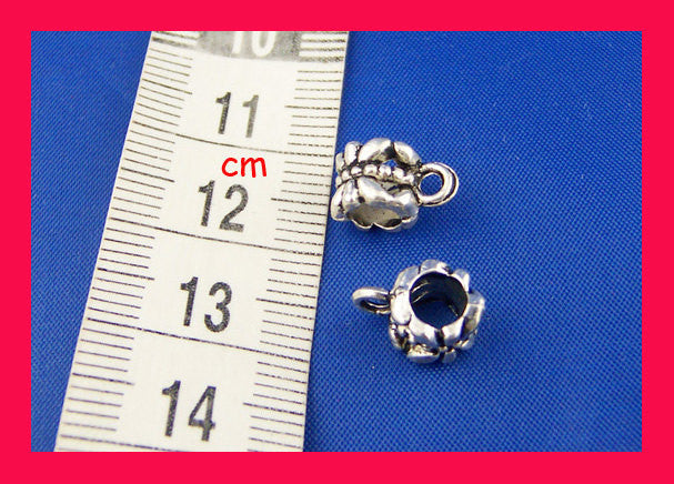 4 Silver Tone Flower Bail Beads. Fits European Style Bracelets and Necklace Chains 12x8mm FBA0009