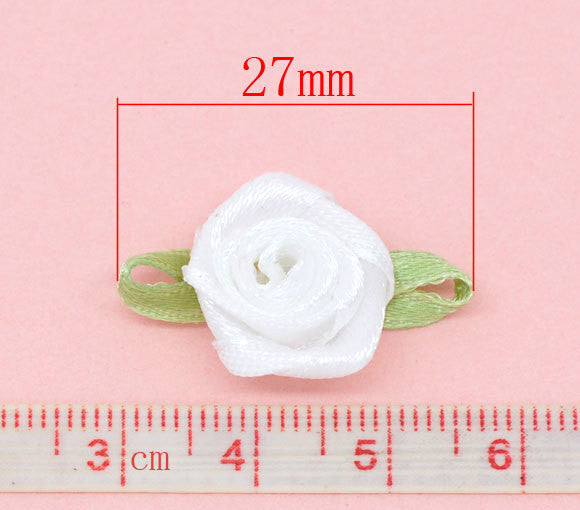 10 WHITE Bridal Satin Ribbon Flowers Wedding Appliques Scrapbooking 27x16mm Fabric Roses for Packaging, Weddings rib0068