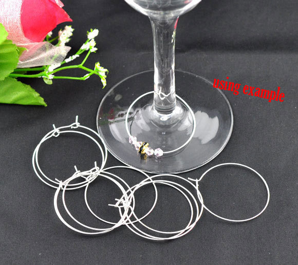 Bulk Package 100 LARGE SILVER Plated Wine Glass Charm Rings or Earring Hoops 40x35mm  fin0085b