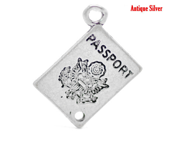 10 - Silver Metal PASSPORT Charm Pendants 18x12mm . chs0286