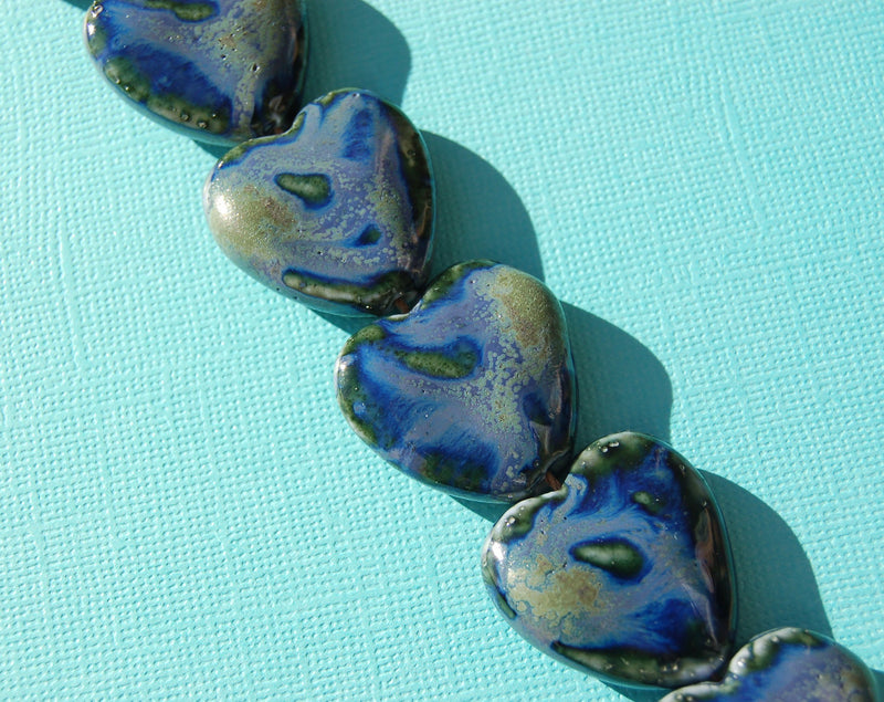 2 Ceramic glass Blue and Green HEART Beads, organic design . Valentine's Day 26x26mm  bgl0646