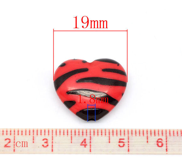 6 Mixed Colors Small Zebra Stripe Print Lucite HEART beads, 19x17mm . bac0223