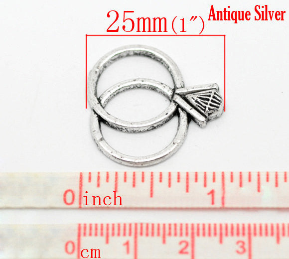 4 - Antique Silver Metal WEDDING RING Bridal Charm Pendants 25x25mm (1"x1") cake charms party favors. Chs0871