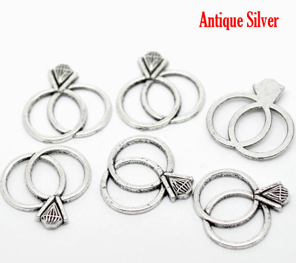 4 - Antique Silver Metal WEDDING RING Bridal Charm Pendants 25x25mm (1"x1") cake charms party favors. Chs0871