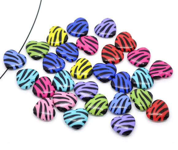 6 Mixed Colors Small Zebra Stripe Print Lucite HEART beads, 19x17mm . bac0223