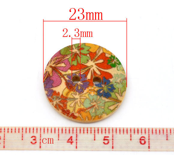 10 Large Painted 2-Hole FLORAL WOOD BUTTONS . 23mm  . Scrapbooking . Beading . Sewing  but0174